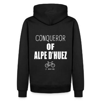 Conqueror of Alpes d' Huez cycling Alpes - Men’s Premium Organic Hoodie - black - Back - Nico (187cm)