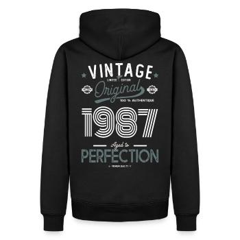 AGE TO PERFECTION born in 1987 anniversary 35 years - Men’s Premium Organic Hoodie - black - Back - Nico (187cm)
