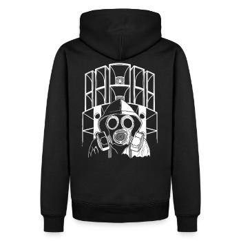 Tekno 23 Soundsystem gas mask - Männer Premium Bio Hoodie - Schwarz - Hinten - Nico (187cm)