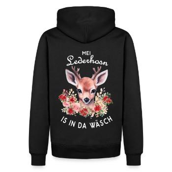 Mei Lederhosn is in da Wäsch Hirschgeweih Reh - Männer Premium Bio Hoodie - Schwarz - Hinten - Nico (187cm)
