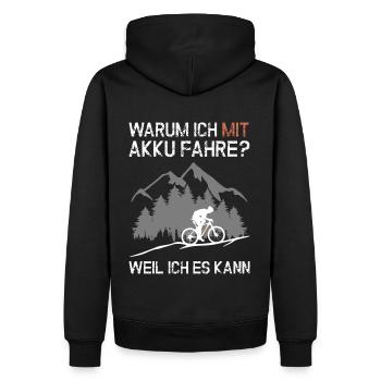e-MTB - WARUM ICH MIT AKKU FAHRE ? E-Mountainbiker - Männer Premium Bio Hoodie - Schwarz - Hinten - Nico (187cm)