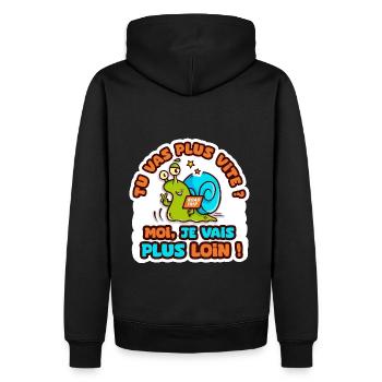 je vais plus loin humour sticker camping car - Sweat à capuche Premium bio Homme - noir - Dos - Nico (187cm)