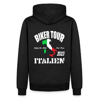 Biker Tour 2023 Italien Motorrad Reise Urlaub - Männer Premium Bio Hoodie - Schwarz - Hinten - Nico (187cm)