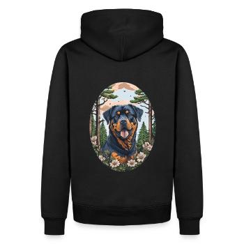 Portrait joyeux de rottweiler dans la forêt avec des fleurs - Sweat à capuche Premium bio Homme - noir - Dos - Nico (187cm)