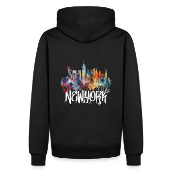 New York Skyline Graffiti Schriftzug - Männer Premium Bio Hoodie - Schwarz - Hinten - Nico (187cm)