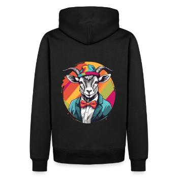 Ziege mit Sakko, Schleife und buntem Hut - Männer Premium Bio Hoodie - Schwarz - Hinten - Nico (187cm)