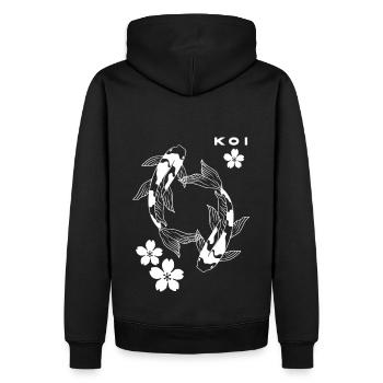 Koi. Karpfenfisch mit Kirschblüte - Männer Premium Bio Hoodie - Schwarz - Hinten - Nico (187cm)