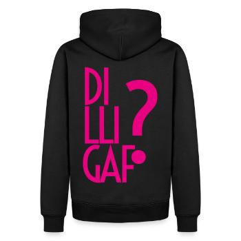 Dilligaf magenta Artboard 1 - Männer Premium Bio Hoodie - Schwarz - Hinten - Nico (187cm)