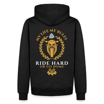 Biker Spruch Ride Hard or go home-My Life my rules - Männer Premium Bio Hoodie - Schwarz - Hinten - Nico (187cm)