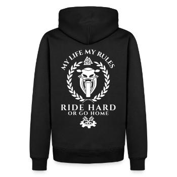 Biker Spruch Ride Hard or go home-My Life my rules - Männer Premium Bio Hoodie - Schwarz - Hinten - Nico (187cm)