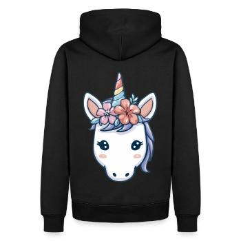 Einhornkopf mit Blumen, weiche Pastell-Fantasy-Kunst - Männer Premium Bio Hoodie - Schwarz - Hinten - Nico (187cm)