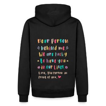 Chère personne derrière moi, chanceuse de t’avoir - Sweat à capuche Premium bio Homme - noir - Dos - Nico (187cm)