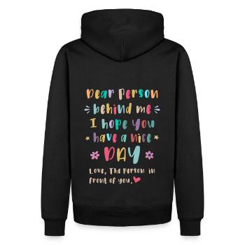 Chère personne derrière moi, Passez une bonne journée - Sweat à capuche Premium bio Homme - noir - Dos - Nico (187cm)
