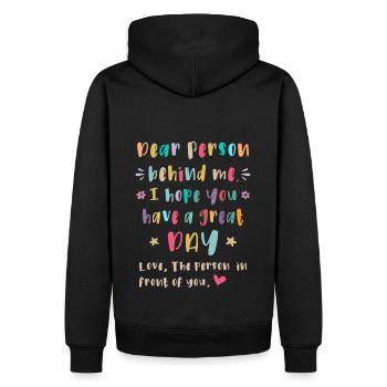 Chère personne derrière moi, Passez une bonne journée - Sweat à capuche Premium bio Homme - noir - Dos - Nico (187cm)