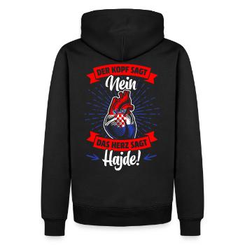 KROATEN | HERZ SAGT HADJE - Männer Premium Bio Hoodie - Schwarz - Hinten - Nico (187cm)