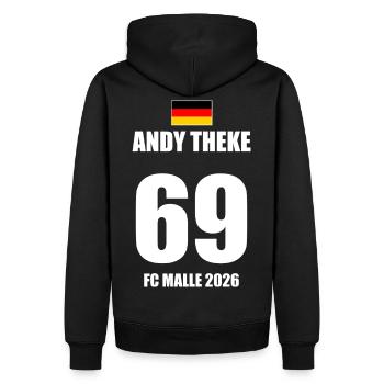Malle 2026 Andy Theke 69 FC Malle 2026 - Männer Premium Bio Hoodie - Schwarz - Hinten - Nico (187cm)