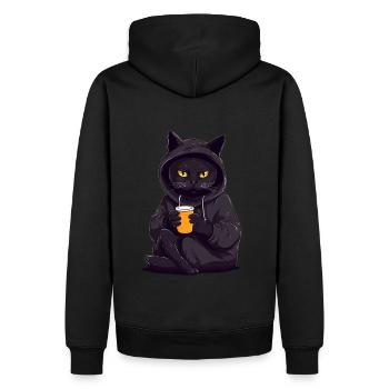 Schwarze Katzen Hoodie Motiv mit Kakao Kaffee - Männer Premium Bio Hoodie - Schwarz - Hinten - Nico (187cm)