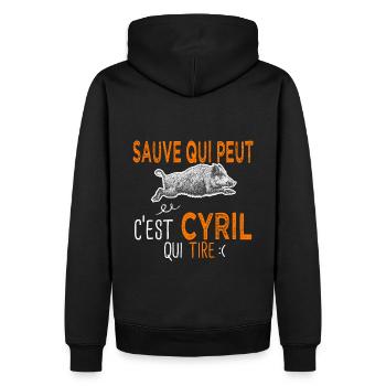 Cyril c est cyril qui tire Humour Chasseur - Sweat à capuche Premium bio Homme - noir - Dos - Nico (187cm)