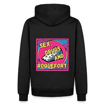 S**, Drugs and Roquefort - Männer Premium Bio Hoodie - Schwarz - Hinten - Nico (187cm)