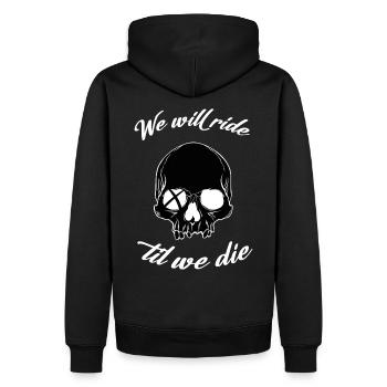 RIDE TILL WE DIE DEADSKULL MOTORRAD - Männer Premium Bio Hoodie - Schwarz - Hinten - Nico (187cm)