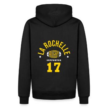 Rugby La Rochelle supporter Rochelle 17 - Sweat à capuche Premium bio Homme - noir - Dos - Nico (187cm)