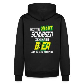 Bitte nicht Schubsen, Ich habe Bier in der Hand - Männer Premium Bio Hoodie - Schwarz - Hinten - Nico (187cm)