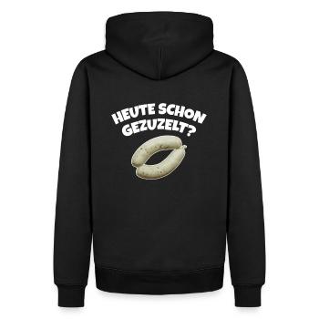 HEUTE SCHON GEZUZELT? FÜR WEISSWURST LIEBHABER - Männer Premium Bio Hoodie - Schwarz - Hinten - Nico (187cm)