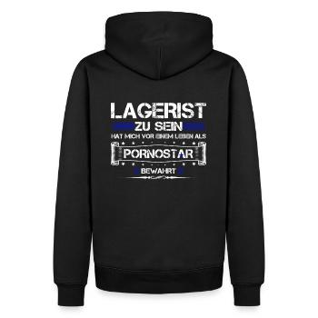 LAGERIST ZU SEIN... - Männer Premium Bio Hoodie - Schwarz - Hinten - Nico (187cm)