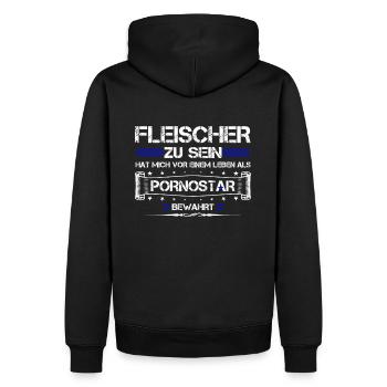 FLEISCHER ZU SEIN... - Männer Premium Bio Hoodie - Schwarz - Hinten - Nico (187cm)