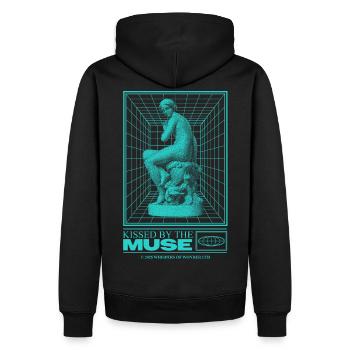 Neon-Statue im Cyberraum - Männer Premium Bio Hoodie - Schwarz - Hinten - Nico (187cm)