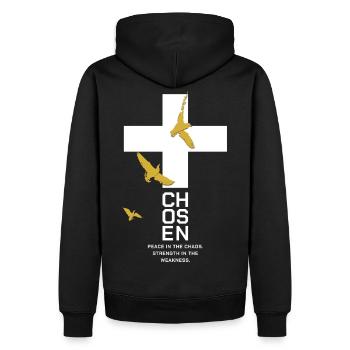 CHOSEN Kreuz Tauben Gold Weiß Peace - Männer Premium Bio Hoodie - Schwarz - Hinten - Nico (187cm)