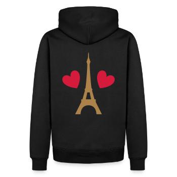 ★ Designfarben änderbar ★ Eiffelturm, zwei Herzen - Männer Premium Bio Hoodie - Schwarz - Hinten - Nico (187cm)