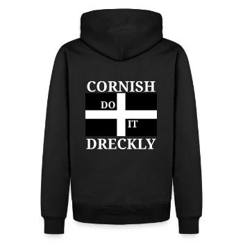 Cornish Dreckly - White - Men’s Premium Organic Hoodie - black - Back - Nico (187cm)