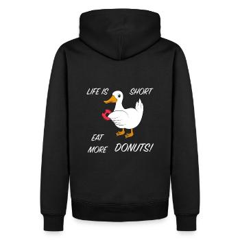 Ente mit Donut Spruch Life is short eat more Donut - Männer Premium Bio Hoodie - Schwarz - Hinten - Nico (187cm)