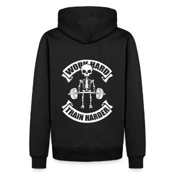 Gym T Shirt Design Unisex WorkHard - TrainHarder - Männer Premium Bio Hoodie - Schwarz - Hinten - Nico (187cm)