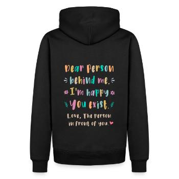 Chère personne derrière moi, je suis content que ce soit toi - Sweat à capuche Premium bio Homme - noir - Dos - Nico (187cm)
