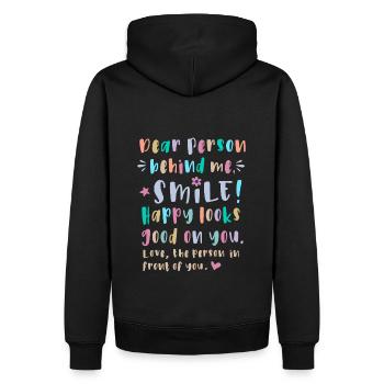 Chère personne derrière moi, Sourire, Heureux debout - Sweat à capuche Premium bio Homme - noir - Dos - Nico (187cm)