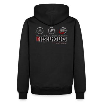 Dieselholics: Diesel, Erobert die Welt Dieselmotor - Männer Premium Bio Hoodie - Schwarz - Hinten - Nico (187cm)