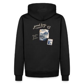 Good Boy Freiheit Reise-Stempel - Männer Premium Bio Hoodie - Schwarz - Hinten - Nico (187cm)