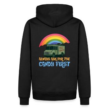 Candy First Humor T-Shirt - Männer Premium Bio Hoodie - Schwarz - Hinten - Nico (187cm)