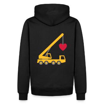 ★ Designfarben änderbar ★ Fahrzeugkran mit Herz - Männer Premium Bio Hoodie - Schwarz - Hinten - Nico (187cm)