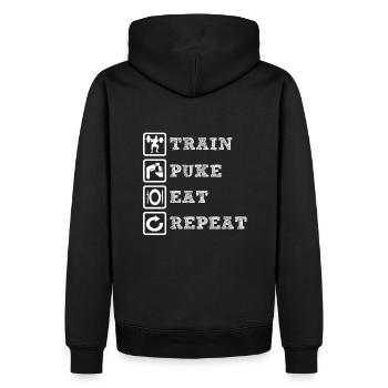 TRAIN PUKE EAT REPEAT Lustiges Fitness Geschenk - Männer Premium Bio Hoodie - Schwarz - Hinten - Nico (187cm)