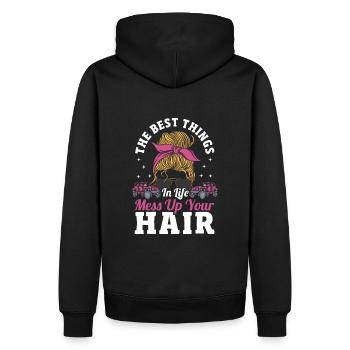 Die besten Dinge im Leben bringen dein Haar - Männer Premium Bio Hoodie - Schwarz - Hinten - Nico (187cm)
