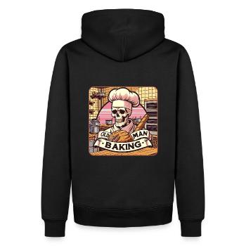 Vieil homme cuisinant un crâne avec un chapeau de boulanger avec du pain - Sweat à capuche Premium bio Homme - noir - Dos - Nico (187cm)