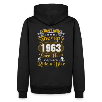My therapy is my bike born in 1963 - Men’s Premium Organic Hoodie - black - Back - Nico (187cm)