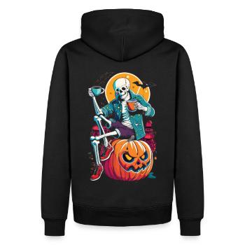 Skelett auf Kürbis - Kaffeepause im Halloween-Stil - Männer Premium Bio Hoodie - Schwarz - Hinten - Nico (187cm)