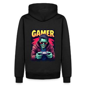 Zombie Gamer – Untoter mit Controller Retro Stil - Männer Premium Bio Hoodie - Schwarz - Hinten - Nico (187cm)