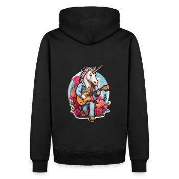 Einhorn spielt Gitarre auf einer Blumenwiese - Männer Premium Bio Hoodie - Schwarz - Hinten - Nico (187cm)