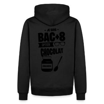 BAC+8 CHOCOLAT idée cadeau personnalisé gourmand - Sweat à capuche Premium bio Homme - noir - Dos - Nico (187cm)