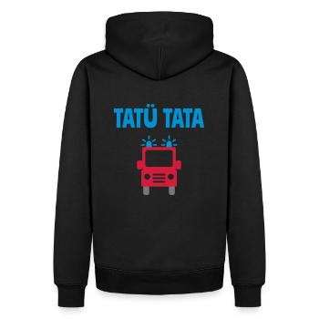 ★ Designfarben änderbar ★ Tatü tata Feuerwehrauto - Männer Premium Bio Hoodie - Schwarz - Hinten - Nico (187cm)